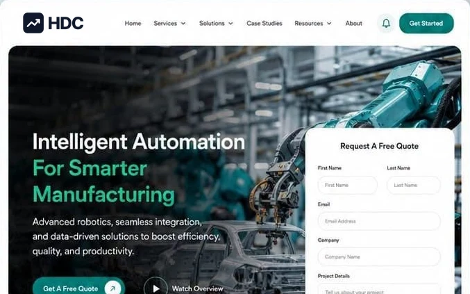 Industrial engineering website design concept in white and deep pine teal, showing a robotic arm working on a car body on an assembly line above precision and integration service cards