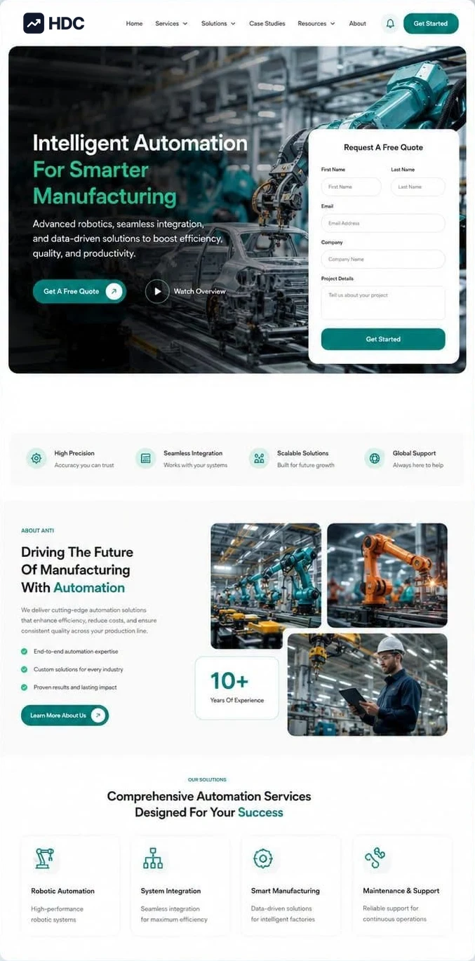 Industrial engineering website design concept in white and deep pine teal, showing a robotic arm working on a car body on an assembly line above precision and integration service cards