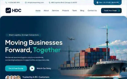 Logistics website design concept in white and deep navy with turquoise, showing a container ship at sea beneath a headline about moving businesses forward and a get a free quote button