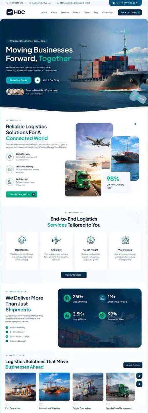 Logistics website design concept in white and deep navy with turquoise, showing a container ship at sea beneath a headline about moving businesses forward and a get a free quote button