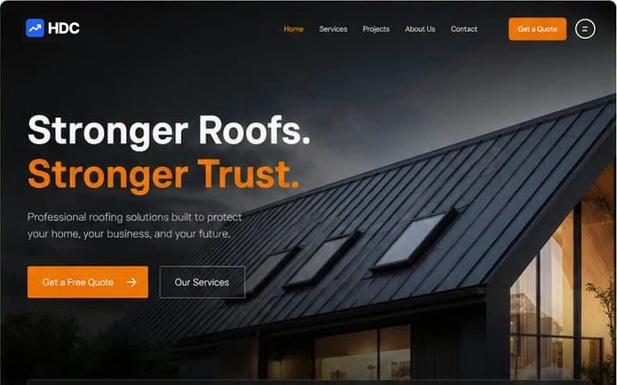 Roofing and trades website design in near-black with a safety-orange accent, showing a roof hero, a quote button in the navigation and a project gallery