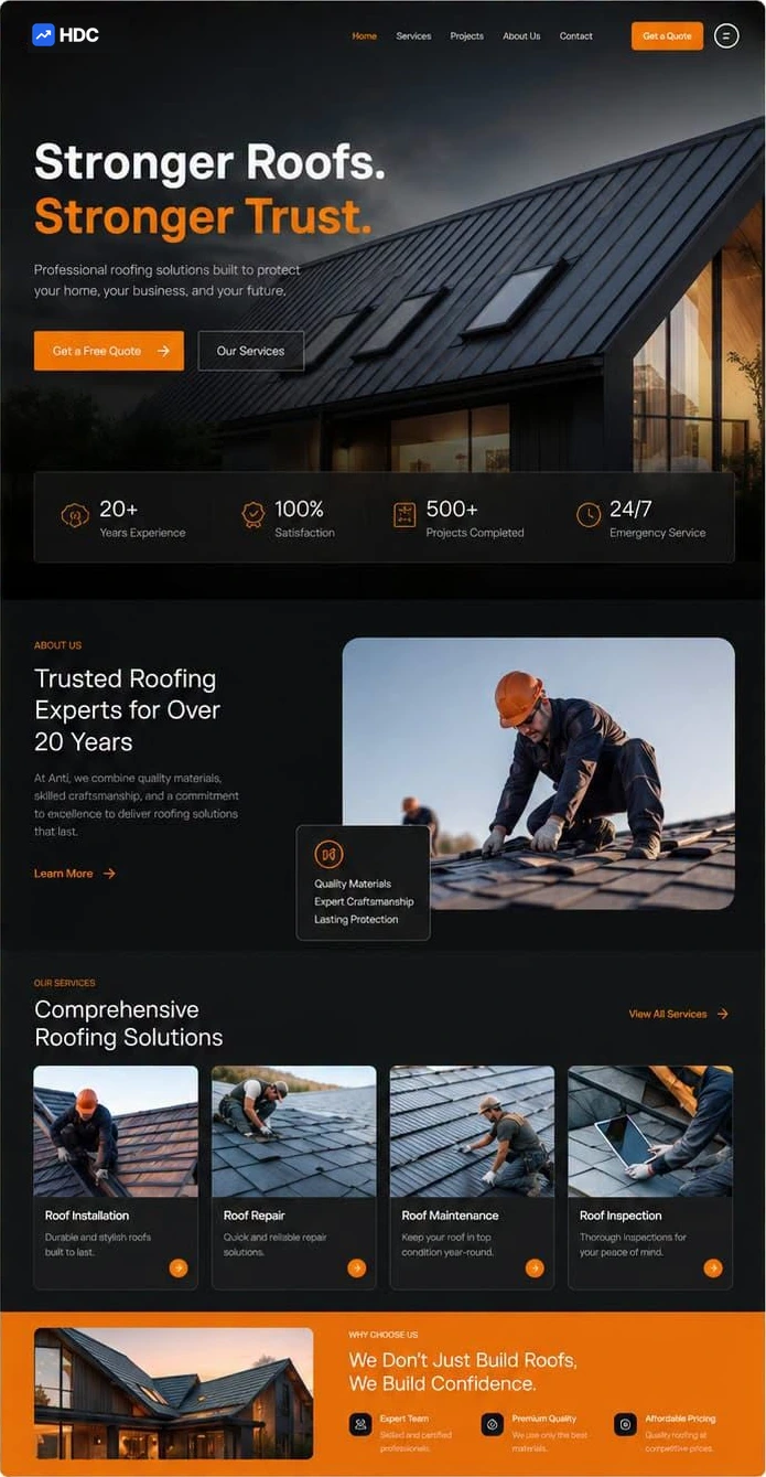 Roofing and trades website design in near-black with a safety-orange accent, showing a roof hero, a quote button in the navigation and a project gallery