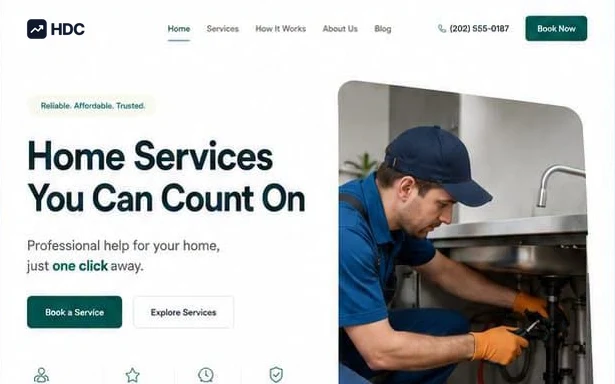 Home services website design concept in white and warm cream with pine green, showing a technician fixing a sink with a licensed and insured badge beneath a book a service button