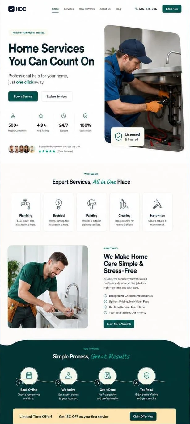 Home services website design concept in white and warm cream with pine green, showing a technician fixing a sink with a licensed and insured badge beneath a book a service button