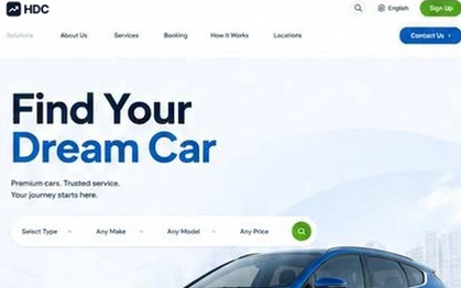 Business vehicle hire website design in navy blue and green, with a blue SUV hero, a four-field search bar and side-by-side buy and sell panels