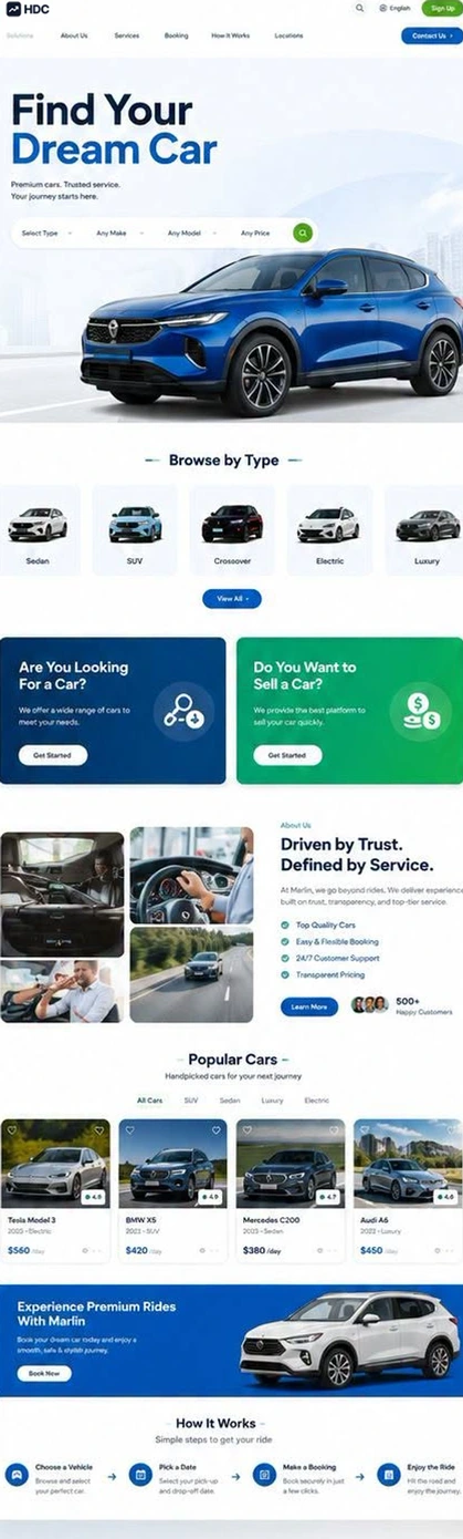 Business vehicle hire website design in navy blue and green, with a blue SUV hero, a four-field search bar and side-by-side buy and sell panels