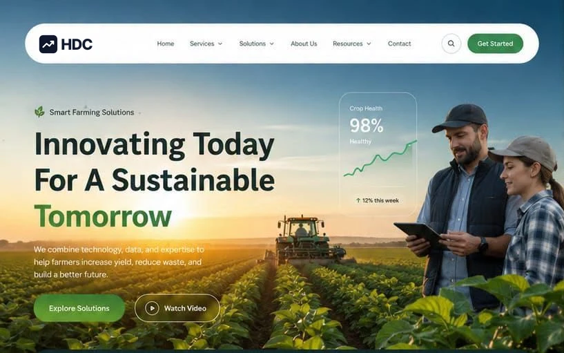 Agriculture website design concept with a floating white navigation over a sunrise crop field, showing a tractor and two farmers with a tablet and a crop health status card