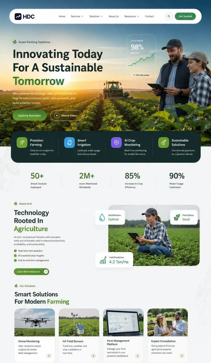 Agriculture website design concept with a floating white navigation over a sunrise crop field, showing a tractor and two farmers with a tablet and a crop health status card