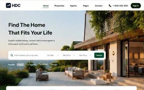 Estate agent website design concept in white and forest green, showing a timber-clad house covered in climbing plants, a headline about finding the home that fits your life and a property search bar