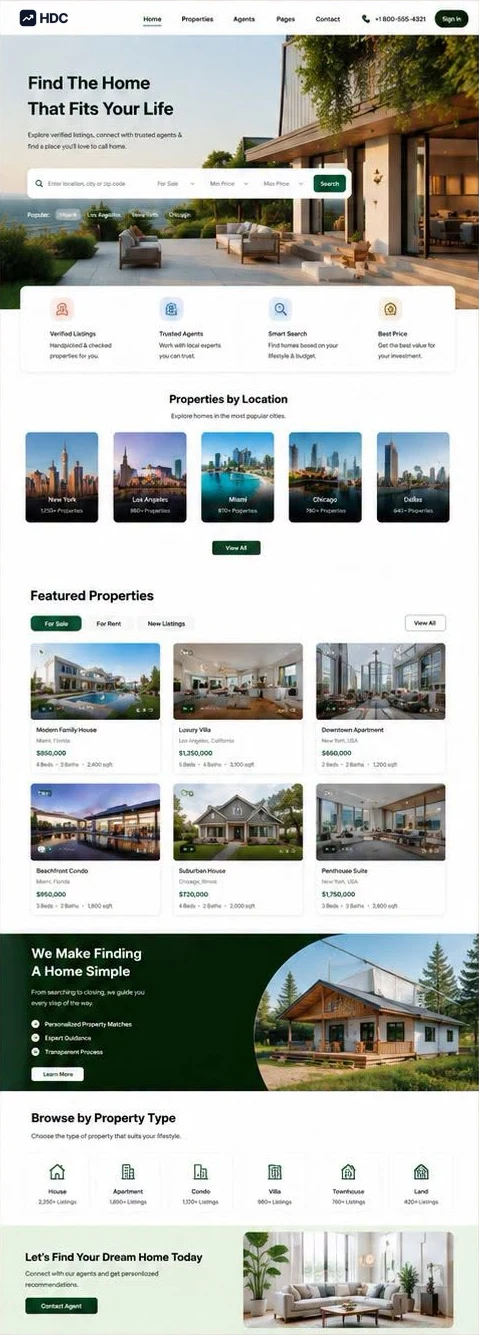 Estate agent website design concept in white and forest green, showing a timber-clad house covered in climbing plants, a headline about finding the home that fits your life and a property search bar