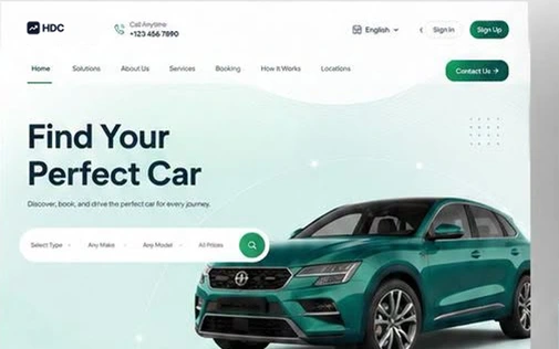 Local car hire website design in soft mint and white, with a compact hatchback hero, a single-pill search bar and category tiles with vehicle counts