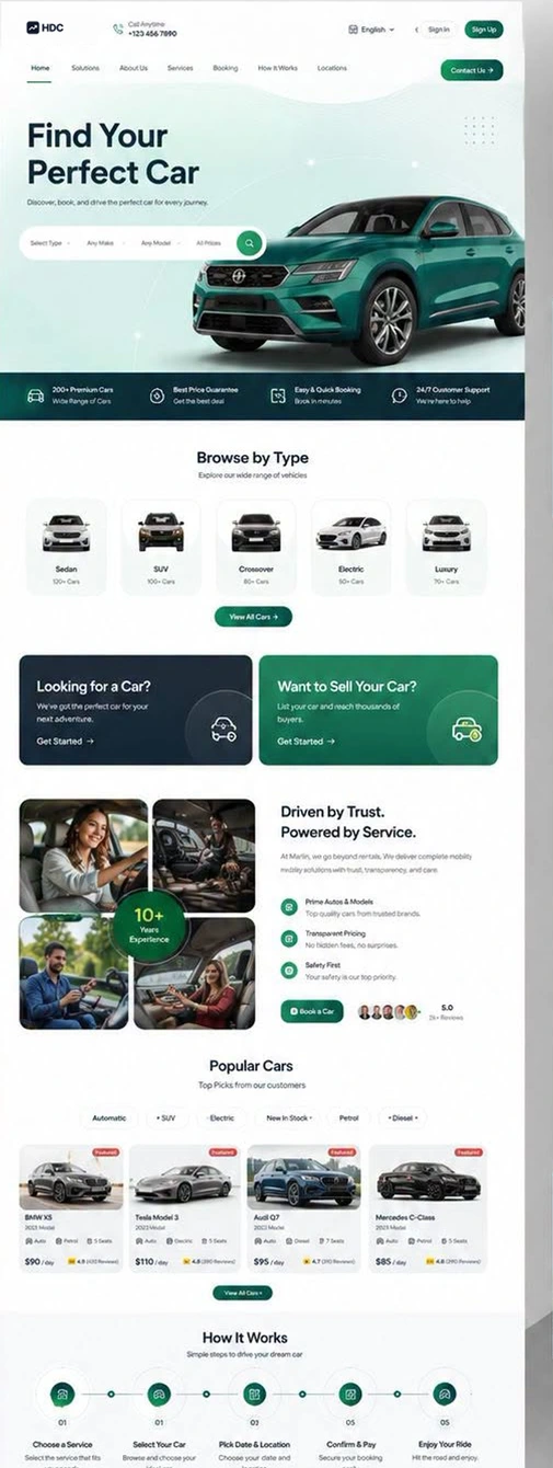 Local car hire website design in soft mint and white, with a compact hatchback hero, a single-pill search bar and category tiles with vehicle counts