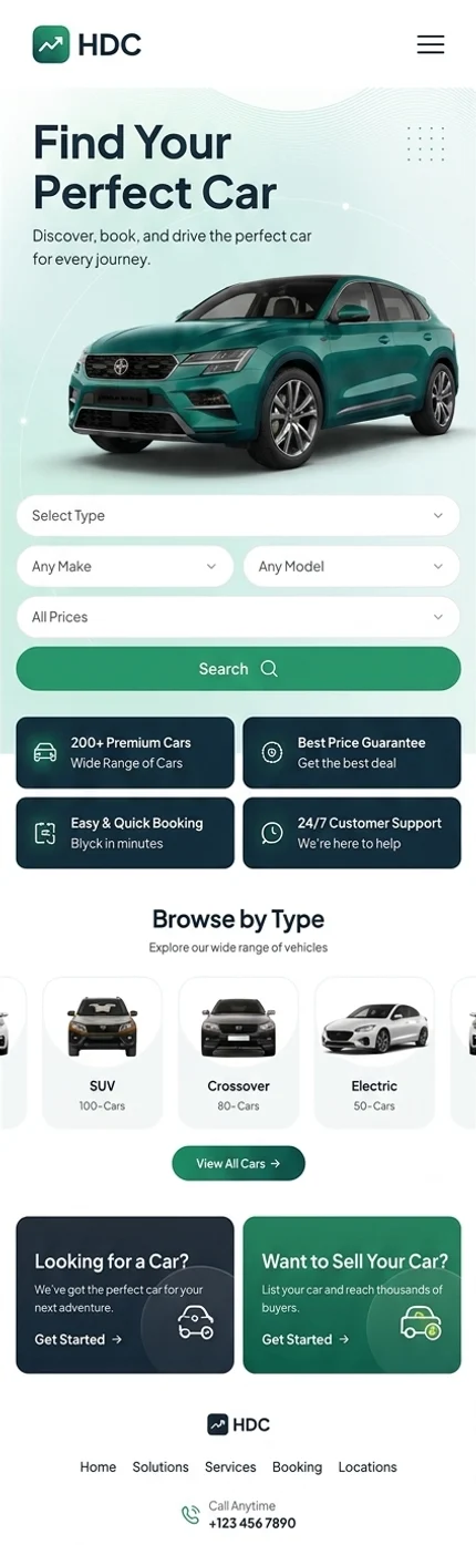 Local car hire website design in soft mint and white, with a compact hatchback hero, a single-pill search bar and category tiles with vehicle counts — shown as a mobile layout