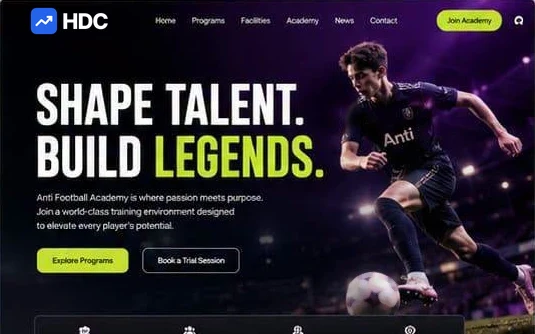 Football academy website design concept in black and lime green with purple stadium lighting, showing a young player driving a ball under floodlights above explore programs and book a trial session buttons