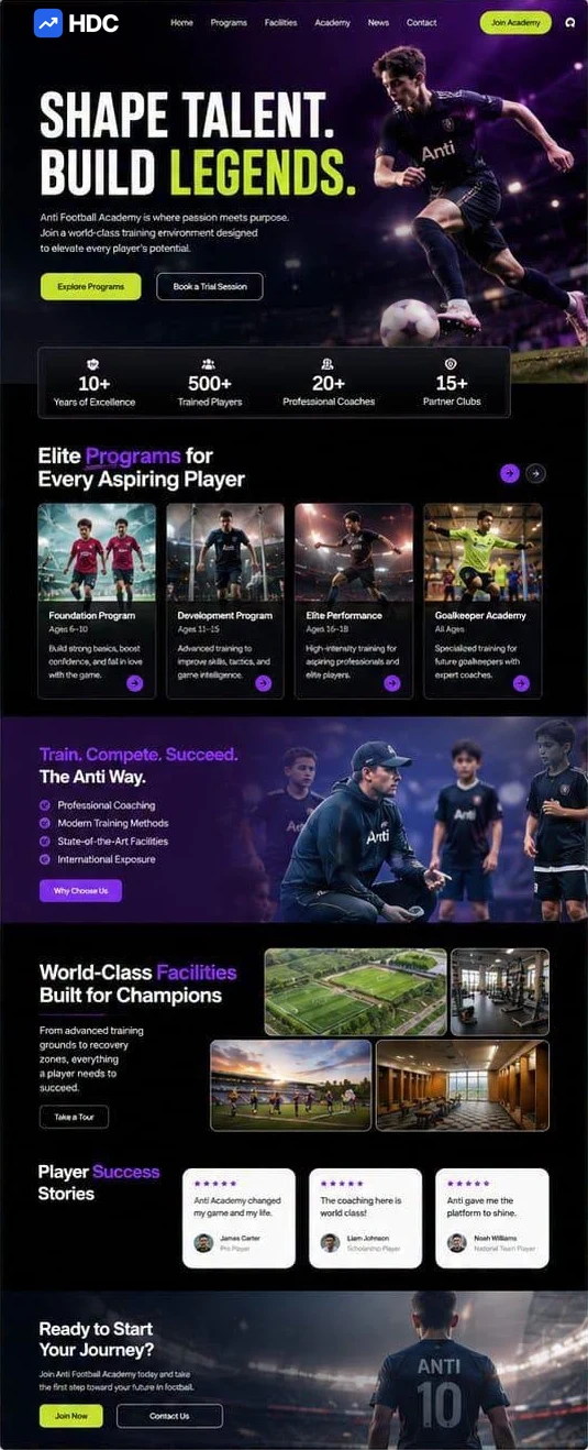 Football academy website design concept in black and lime green with purple stadium lighting, showing a young player driving a ball under floodlights above explore programs and book a trial session buttons