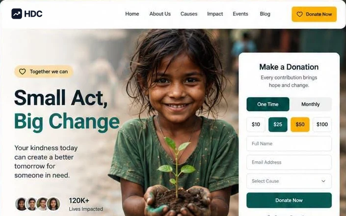 Charity website design concept in white and bottle green with mustard buttons, showing a child holding a seedling beside a donation card with one-off and monthly amount options