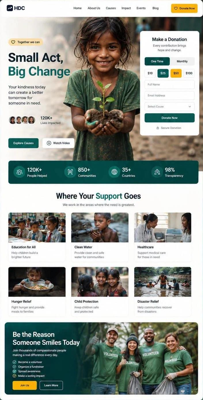 Charity website design concept in white and bottle green with mustard buttons, showing a child holding a seedling beside a donation card with one-off and monthly amount options