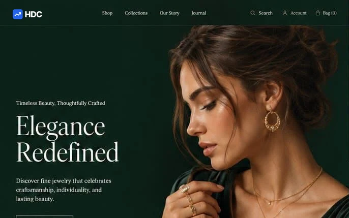Jewellery e-commerce website design concept in deep forest green with ivory and gold, showing a close portrait of a woman wearing an emerald pendant beneath a headline about redefined elegance