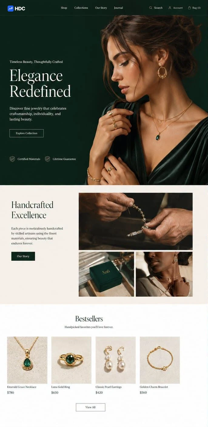 Jewellery e-commerce website design concept in deep forest green with ivory and gold, showing a close portrait of a woman wearing an emerald pendant beneath a headline about redefined elegance