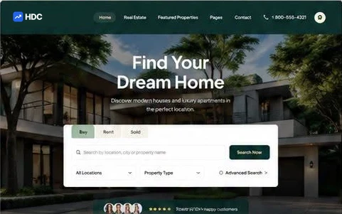 Property website design concept in dark bottle green and cream with gold accents, showing a modern house among tall trees, a find your dream home headline and a search card with buy, rent and sold tabs