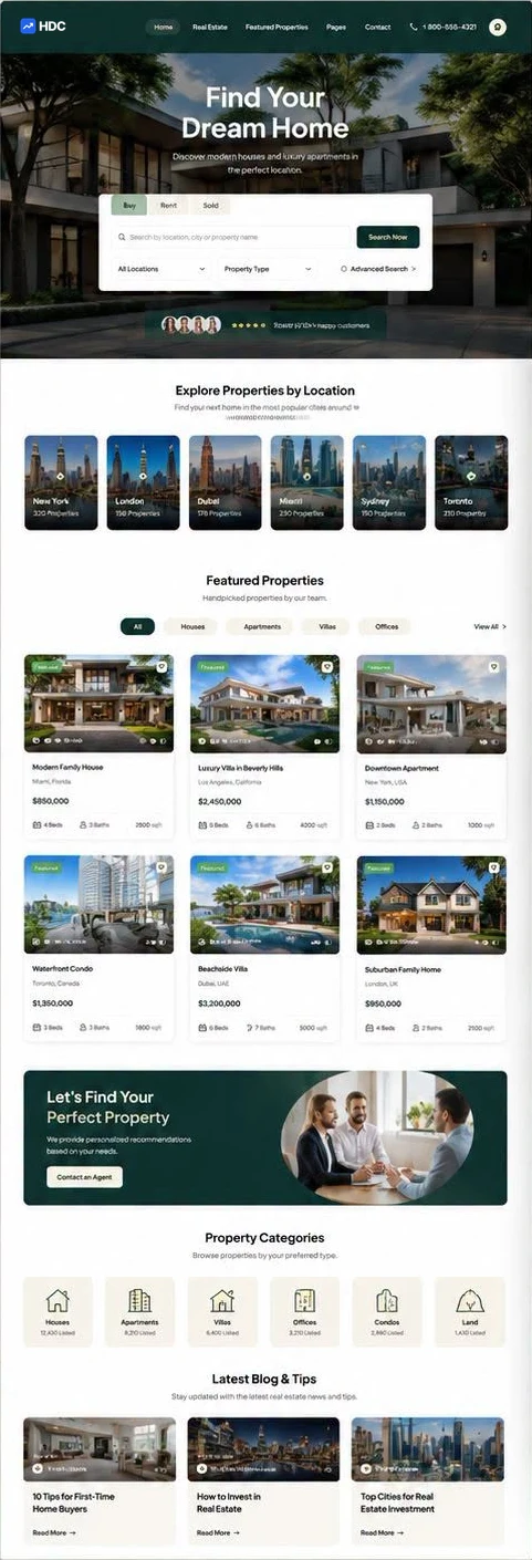 Property website design concept in dark bottle green and cream with gold accents, showing a modern house among tall trees, a find your dream home headline and a search card with buy, rent and sold tabs
