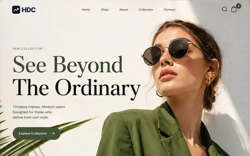 Eyewear e-commerce website design concept in warm oatmeal and cream with olive green, showing a woman in an olive blazer wearing round sunglasses against a sunlit wall above an explore collection button