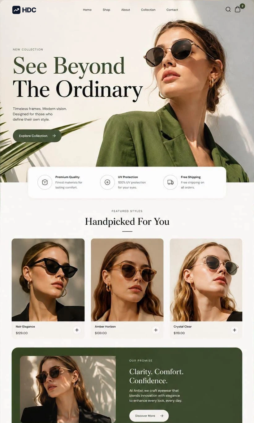 Eyewear e-commerce website design concept in warm oatmeal and cream with olive green, showing a woman in an olive blazer wearing round sunglasses against a sunlit wall above an explore collection button