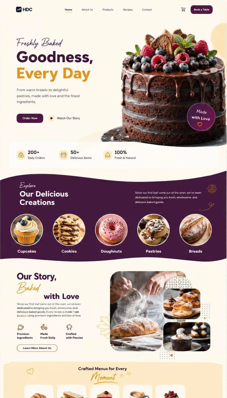 Bakery website design concept in cream and deep plum with gold accents, showing a script headline reading freshly baked goodness beside a photograph of pastries, bread and fresh berries