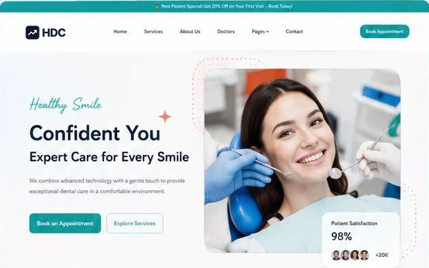 Dental website design concept in white and turquoise with blush pink accents, showing a patient in the chair during an examination with a patient satisfaction chip and a promotional offer bar