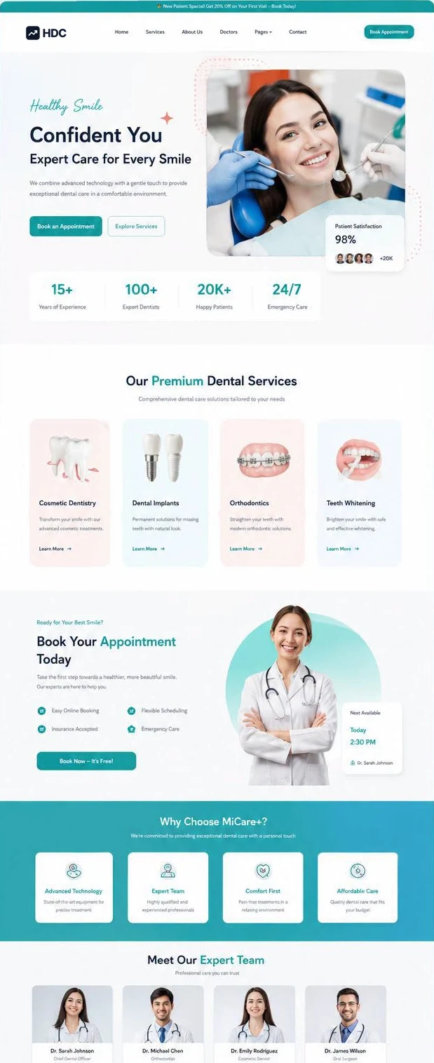 Dental website design concept in white and turquoise with blush pink accents, showing a patient in the chair during an examination with a patient satisfaction chip and a promotional offer bar