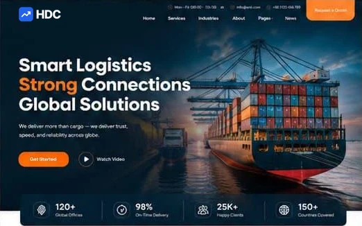 Freight website design concept in deep navy with amber, showing port gantry cranes loading shipping containers at dusk beside a headline about smart logistics and a request a quote button