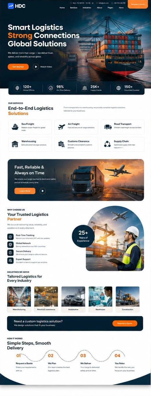 Freight website design concept in deep navy with amber, showing port gantry cranes loading shipping containers at dusk beside a headline about smart logistics and a request a quote button