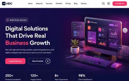 Digital agency website design concept in deep indigo with magenta glow and a coral button, showing a headline about digital solutions that drive growth with floating dashboard cards and a project stat row