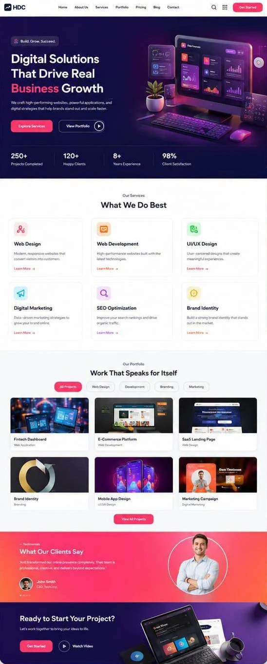 Digital agency website design concept in deep indigo with magenta glow and a coral button, showing a headline about digital solutions that drive growth with floating dashboard cards and a project stat row