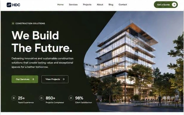 Construction company website design in forest green and white, with a white navigation bar over a dark architectural hero and a services grid below