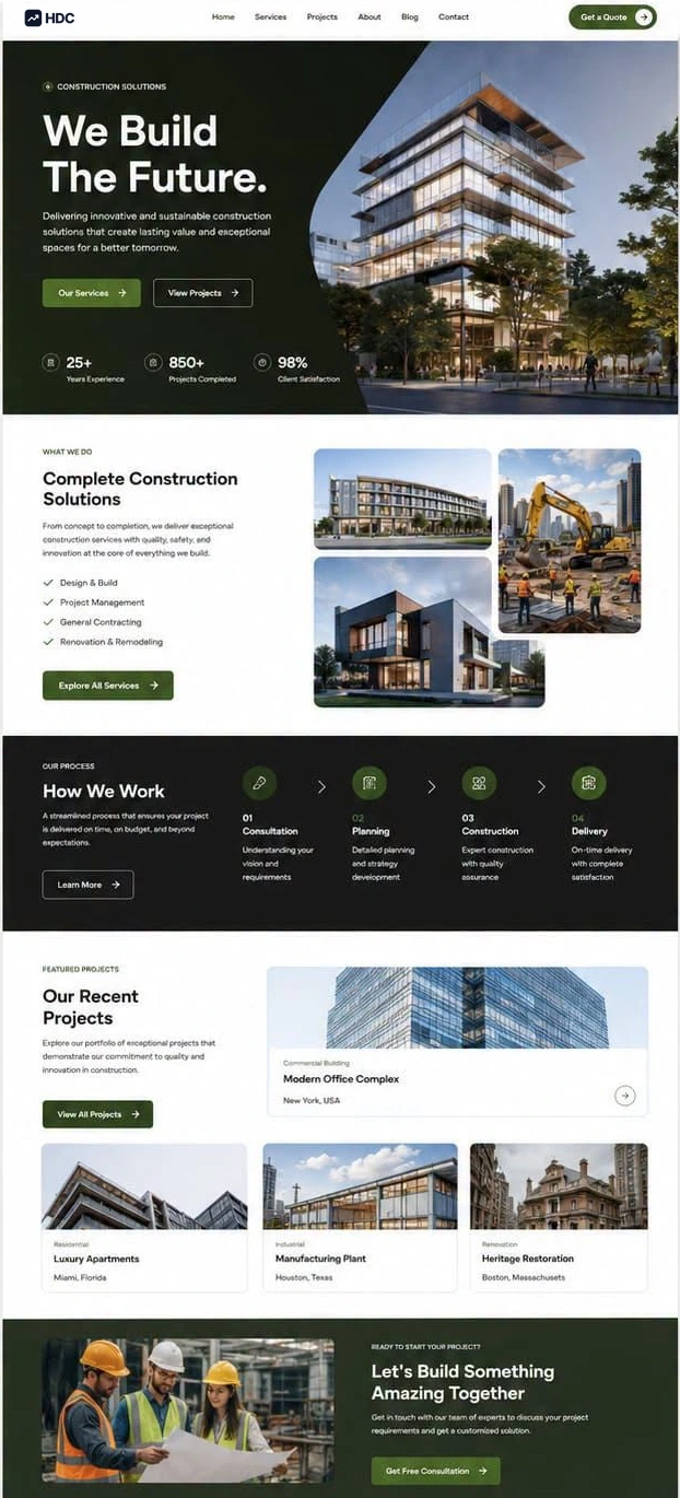 Construction company website design in forest green and white, with a white navigation bar over a dark architectural hero and a services grid below