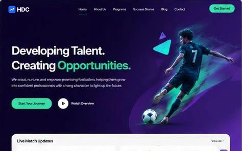 Football academy website design concept in deep indigo and mint, showing a number seven player striking a ball among abstract shapes beneath a headline about developing talent and creating opportunities