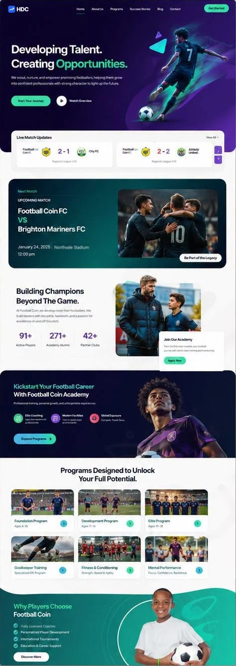 Football academy website design concept in deep indigo and mint, showing a number seven player striking a ball among abstract shapes beneath a headline about developing talent and creating opportunities
