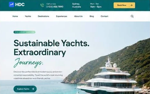 Yacht charter website design concept in deep teal and mint with a butter yellow button, showing a white superyacht moored beside a forested cliff coastline under a sustainable journeys headline