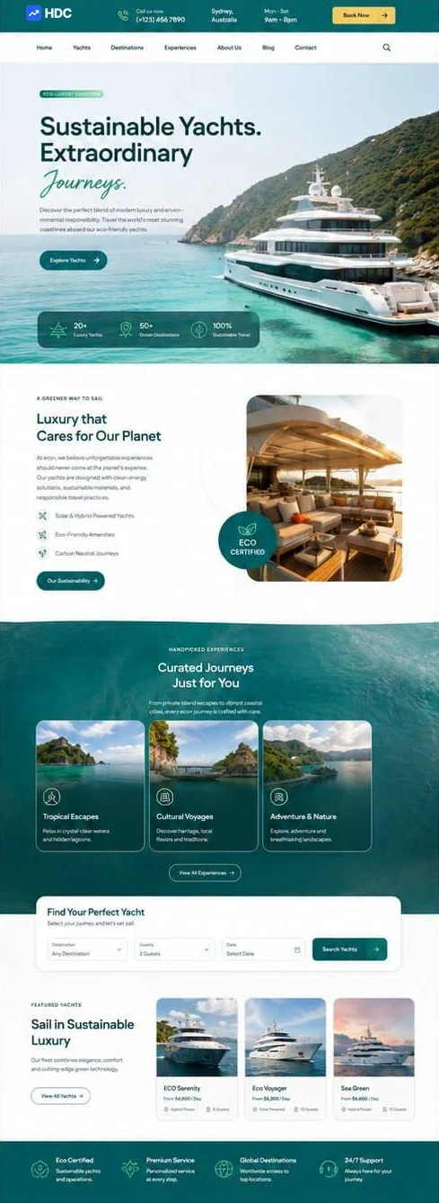 Yacht charter website design concept in deep teal and mint with a butter yellow button, showing a white superyacht moored beside a forested cliff coastline under a sustainable journeys headline
