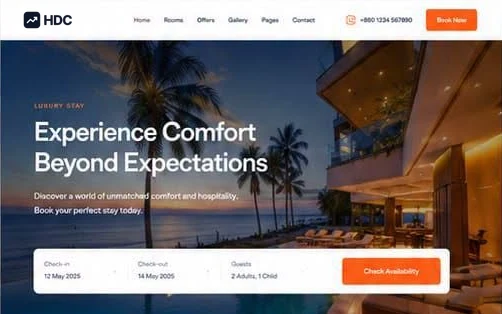Hotel and resort website design concept in white and deep navy with an orange call to action, showing a resort at dusk with palm trees and a warmly lit balcony beneath a luxury stay headline
