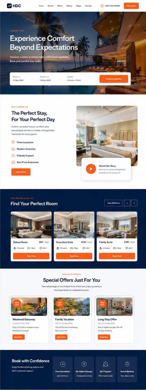 Hotel and resort website design concept in white and deep navy with an orange call to action, showing a resort at dusk with palm trees and a warmly lit balcony beneath a luxury stay headline