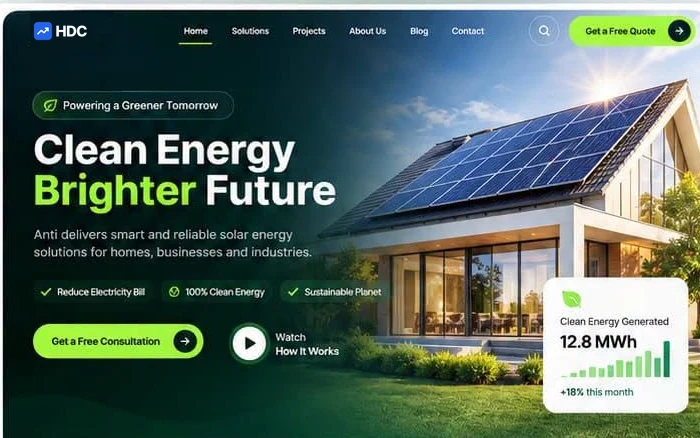 Solar energy website design concept in deep green and lime, showing a house with rooftop panels beneath a clean energy headline and a live generation figure