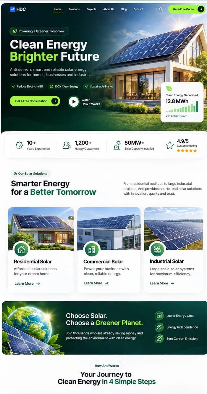 Solar energy website design concept in deep green and lime, showing a house with rooftop panels beneath a clean energy headline and a live generation figure