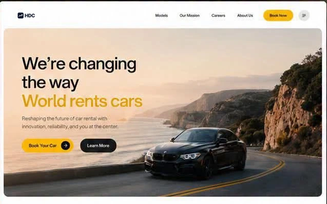 Car rental website design in black, white and amber, with a coastal road hero, a dark booking widget and a filterable fleet strip