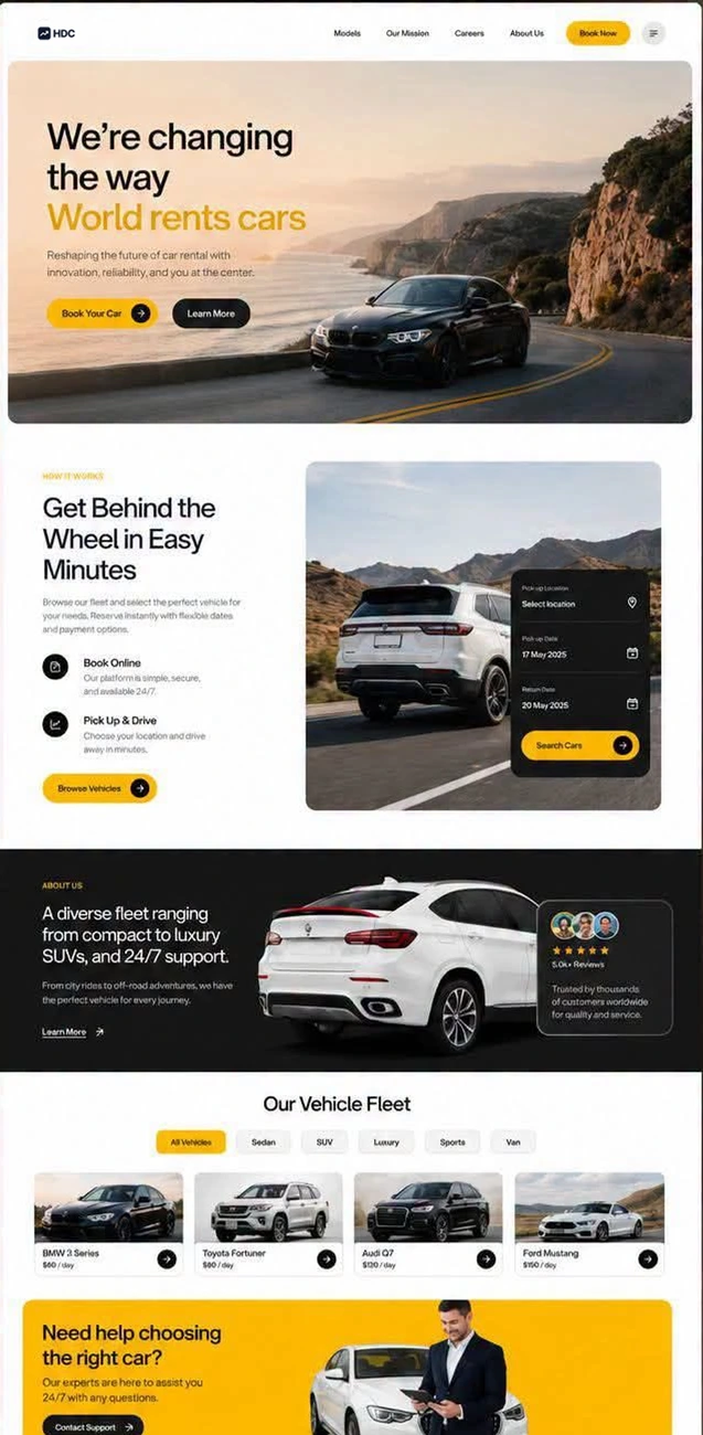 Car rental website design in black, white and amber, with a coastal road hero, a dark booking widget and a filterable fleet strip