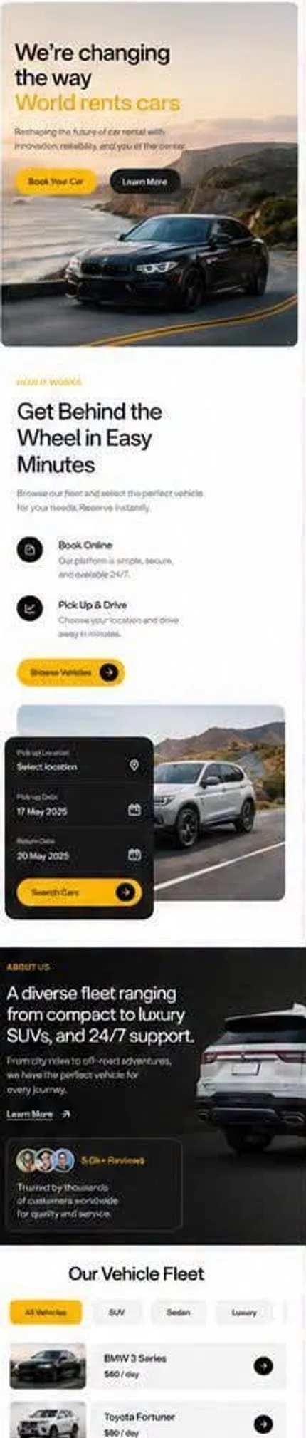 Car rental website design in black, white and amber, with a coastal road hero, a dark booking widget and a filterable fleet strip — shown as a mobile layout