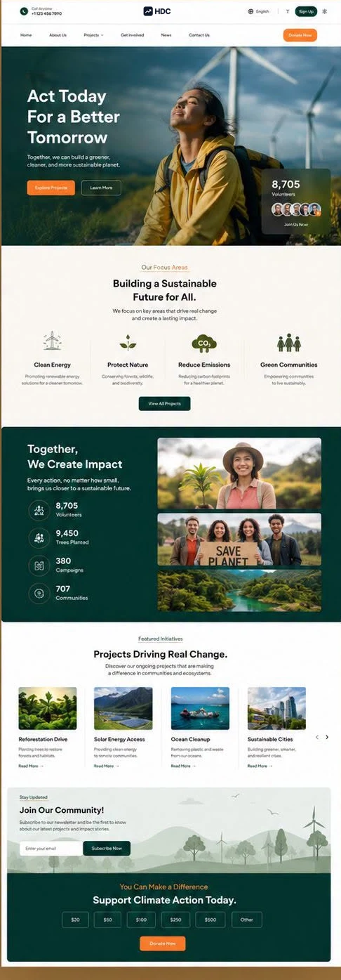 Climate charity website design concept in cream and deep forest green with an amber donate button, showing a wind turbine landscape and an impact statistics panel