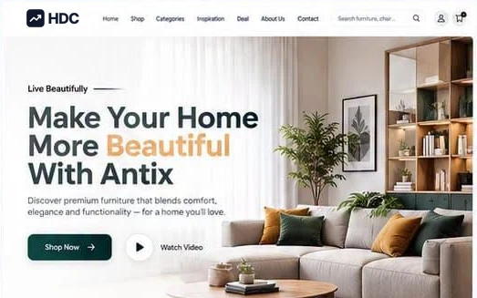 Furniture e-commerce website design concept in white and pale grey with a honey orange accent, showing a bright styled living room with a linen sofa and houseplants above a shop now button