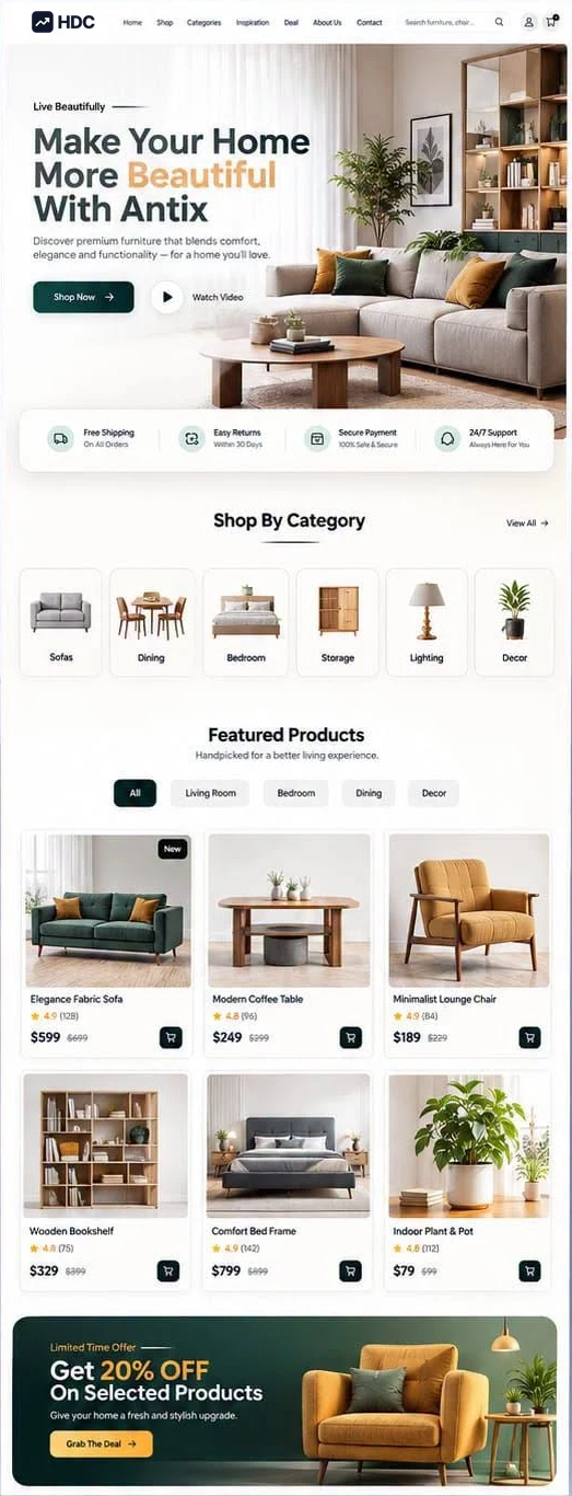 Furniture e-commerce website design concept in white and pale grey with a honey orange accent, showing a bright styled living room with a linen sofa and houseplants above a shop now button